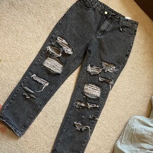 🖤New Distressed Torn Ripped Style Black Salt and Pepper Color High Rise Jeans
